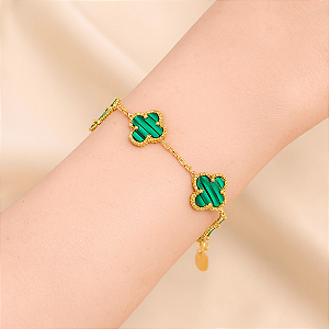 Pulseira de Trevo de Quatro Folhas Aço Inoxidável Dourado Verde
