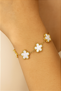 Pulseira de Trevo de Quatro Folhas Aço Inoxidável Dourado Branco
