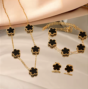 Conjunto 3 Peças Corrente Brinco Pulseira Trevo de Quatro Folhas Aço Inoxidável Dourado Preto