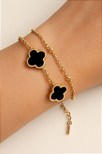 Pulseira Trevo Preto Com Bolinha Dupla Aço Inoxidável Prata