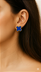 Brinco Trevo de Quatro Folhas Azul Aço Inoxidável Dourado