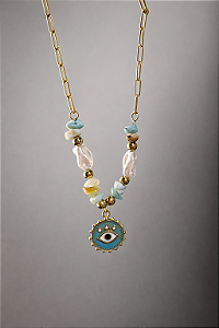 Colar Olho Grego com Pedras Delicadas Aço Inoxidavel Dourado Amuleto de Proteção