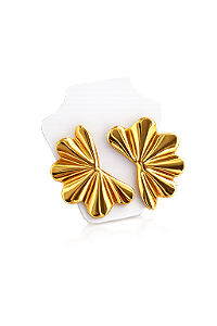 Brinco Leque Flor Dourado Feminino Aço Inoxidável Elegante