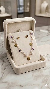 Conjunto Dourado Crystalé Colar e Brinco em Aço Inoxidável