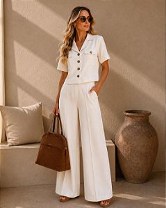 Conjunto Roma Blusa e Calça Pantalona Moletinho OFF WHITE