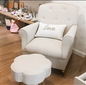 Poltrona Amamentação Linho Bege Puff Flor