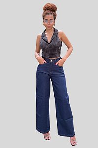 Calça Wideleg Petit Jeans Escuro com Elastano - Black Jeans