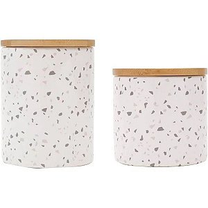 Potiche Decorativo de Cerâmica Granilite Branco c/Tampa de Bambu