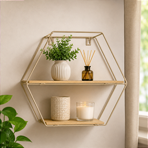 Prateleira Decorativa de Metal com 2 Prateleiras de Madeira