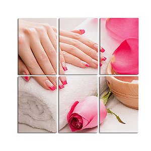 Quadro Decorativo Unhas Rosa Flor Spa Manicure 60x60