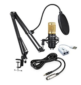 Kit Microfone BM-800 Waver + Suporte Articulado + Pop Filter - Preto C/Dourado