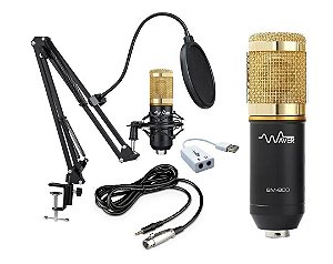 kit Microfone BM-800 Waver + Suporte Articulado + Pop Filter + Adaptador USB 7.1 - Preto C/Dourado