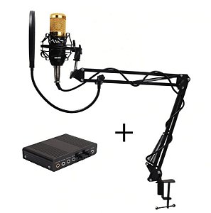 kit Microfone BM-800 Waver + Suporte Articulado + Pop Filter + Placa de Som USB 5.1 Externa - Preto C/Dourado
