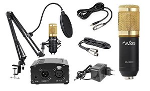 kit Microfone BM-800 Waver + Phantom Power + Suporte Articulado + Pop Filter - Preto Com Dourado