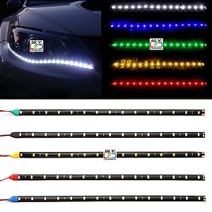 Barra Fita Slim Led 30cm Resinado Flexível 15 Leds 2w Iluminação Interna Pé Porta-Malas Porta-luvas Farol DRL 12v