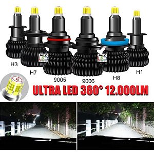 Ultra Led 360º 8 LEDs H1 H3 H7 H8 H9 H11 H16 H27 HB3 HB4 P/ Moto Carro Caminhão 12000 Lúmens 6000k Alta Baixa Milha 12v 24v