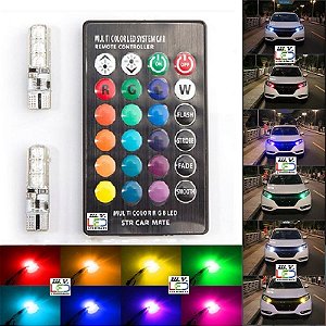 LED T10 Pingo W5w Multi Cores Rgb 16 Cores + Efeitos Pisca Liga Desliga Aumenta ou Diminui Intensidade da Luz Com Controle Remoto 12v