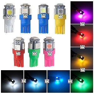 Lâmpada Led T10 Pingo W5w 5 Leds 5050 Meia Luz Farolete Lanterna Placa Disponível em 7 Cores 12v