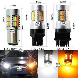 Lâmpada LED 1157 Bay15d T20 W21w 7443 T25 3157 Pingão 20 Leds Dual Cor Branco e Âmbar Seta Pisca 12v