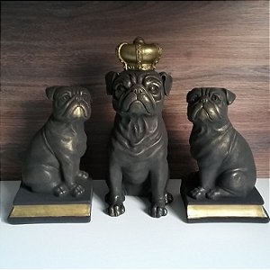 Trio de Pugs Dourados - Pug Coroa + Pug Aparador