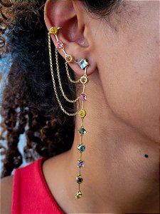 Brinco Ear Cuff com Correntes e Pedras Coloridas