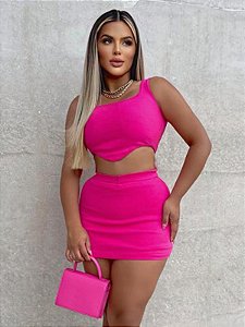 Conjunto Cropped Alça Grossa E Saia Curta Cintura Alta