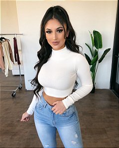 Cropped Manga Longa Feminino Com Gola Alta Sem Bojo