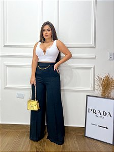 Calça Feminina Pantalona Cintura Alta Com Corrente