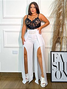 Calça Pantalona Feminina Fenda Na Frente Cintura Alta