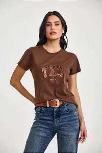 CAMISETA TXC FEM SLIM BORDADA PAETE MARROM 51366