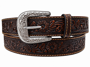 CINTO ZONA COUNTRY COURO TRABALHADO FLORAL RETO CAFÉ
