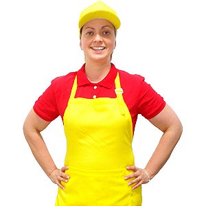 Conjunto de Uniforme Feminino Contendo Boné e Avental Amarelo com Camisa Polo Vermelha