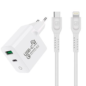 Kit Carregador Turbo Delivery 4.0 Fonte USB / Type C / Tipo C + Cabo  Lightning / Tipo C (iPhone / iPad) - Gshield