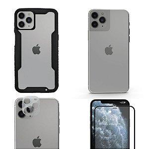 Kit 4 em 1 para iPhone 11 Pro Max : Capa Dual Shock, Películas Defender Glass Preta , Câmera e Nano Traseira - Gshield