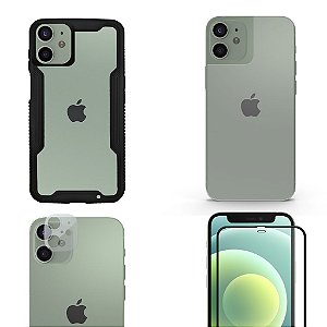 Kit 4 em 1 para iPhone 12 Mini : Capa Dual Shock, Películas Defender Glass Preta , Câmera e Nano Traseira - Gshield