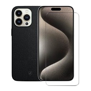 Kit Capa Couro Dual Preta e Pelicula Nano Vidro para iPhone 15 Pro Max - Gshield