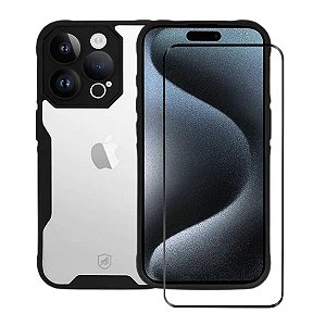 Kit Capa Dual Shock Sense e Pelicula Coverage 5D Pro Preta para iPhone 15 Pro - Gshield