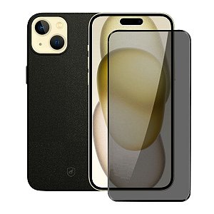 Kit Capa Couro Dual Preta e Película Defender Pro Privacidade para iPhone 15 - Gshield