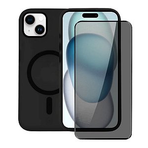 Kit Capa Magsafe Pro Preta e Pelicula Defender Pro Privacidade para iPhone 15 Plus - Gshield