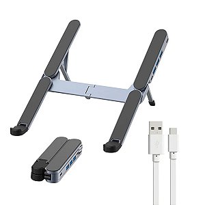 Kit Suporte Dobrável p/ Notebook com Hub USB + Cabo Flat Tipo C 1,2M – Gshield