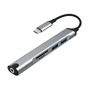 Adaptador USB-C 6 em 1 – USB 3.0, Leitor TF/SD, Entrada P2 e Alta Velocidade – Hub Tipo C Multifuncional - Verde