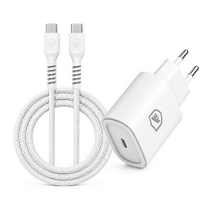Carregador de Parede Turbo Tipo C 25W + Cabo Dual Armor Tipo C/ Tipo C 1M Revestido em Nylon Balístico com Proteção Contra Sobrecarga e Tecnologia Overvoltage Protection - Branco - Gshield