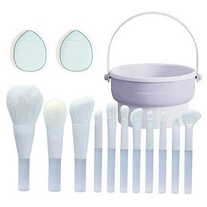 Kit 11 mini pincéis crystal blue + 2 mini esponjas + mini balde para limpeza e secagem de pincéis