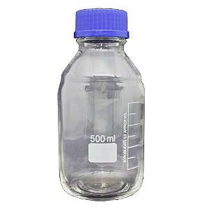 FRASCO REAGENTE VIDRO BORO INCOLOR GRADUADO COM TAMPA ROSCA AZUL 500ML