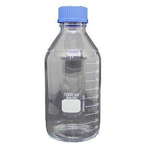FRASCO REAGENTE VIDRO BORO INCOLOR GRADUADO COM TAMPA ROSCA AZUL 1L