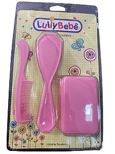 KIT ESCOVA, PENTE E SABONETEIRA ROSA LISO - LULLY BABY