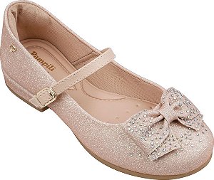 Sapato Infantil De Salto Pampili Glitter Laço Strass Nude