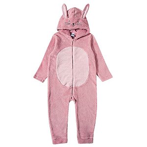 Macacão Infantil Pelúcia Plush Coelhinha Rosa Kids Tip Top