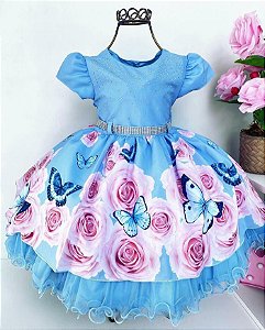 Vestido Azul Infantil Jardim Encantado Das Borboletas Luxo