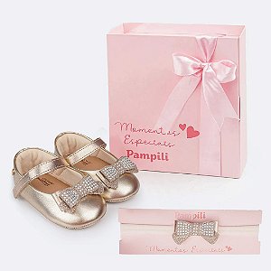 Sapato de Bebê Pampili Laço Strass Dourado + Tiara de Cabelo
